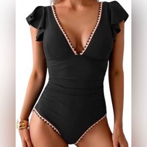 Aidonger One-Piece Swimsuit SzXL Ruffle Tummy Control V Neck Shell Stitched
